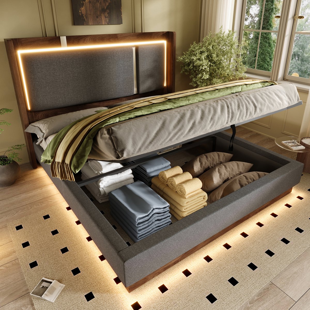 Bedframe - 140x200 Cm - Bed - Met Lattenbodem - Met Opbergruimte - LED - Walnoot - Zonder Matras