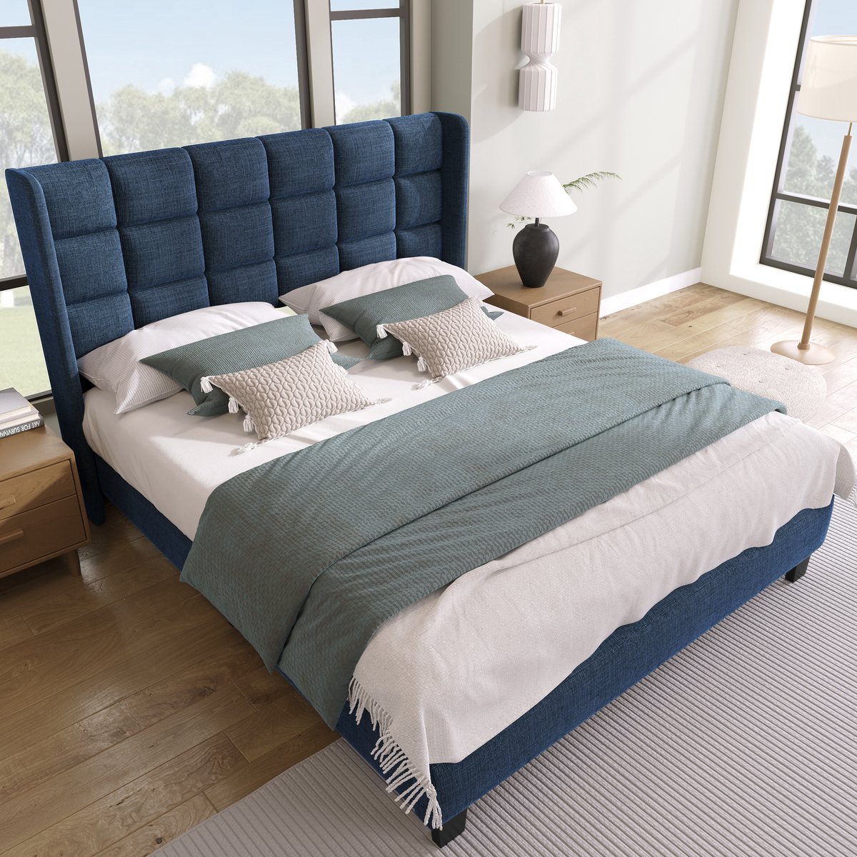 Bedframe - 140x200 Cm - Bed - Met Lattenbodem - Blauw - Zonder Matras