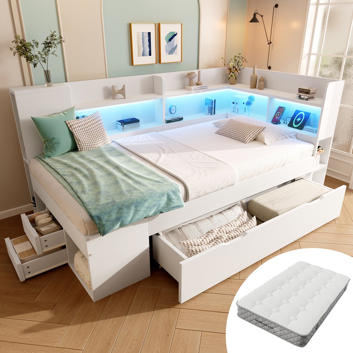 Bedbank - 90x200 Cm - Bed - Met Lattenbodem - Met Opbergruimte - LED - USB C - Wit - Met Matras