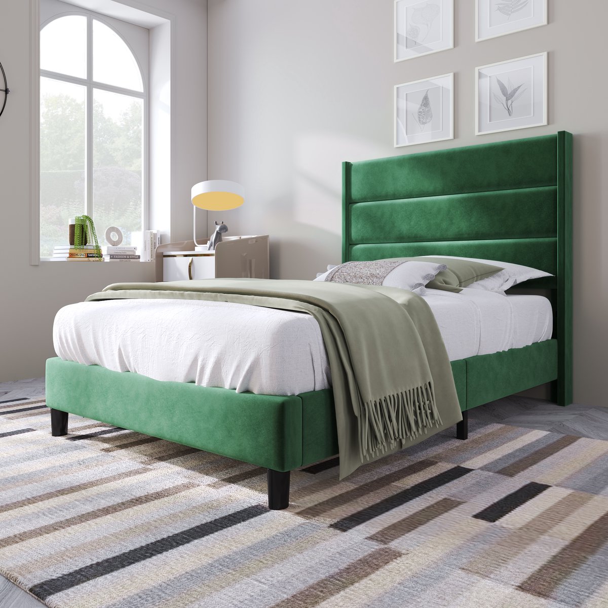 Gestoffeerd Bed 90x200 cm - Velvet Bedframe Met Lattenbodem En Hoofdbord - Donkergroen