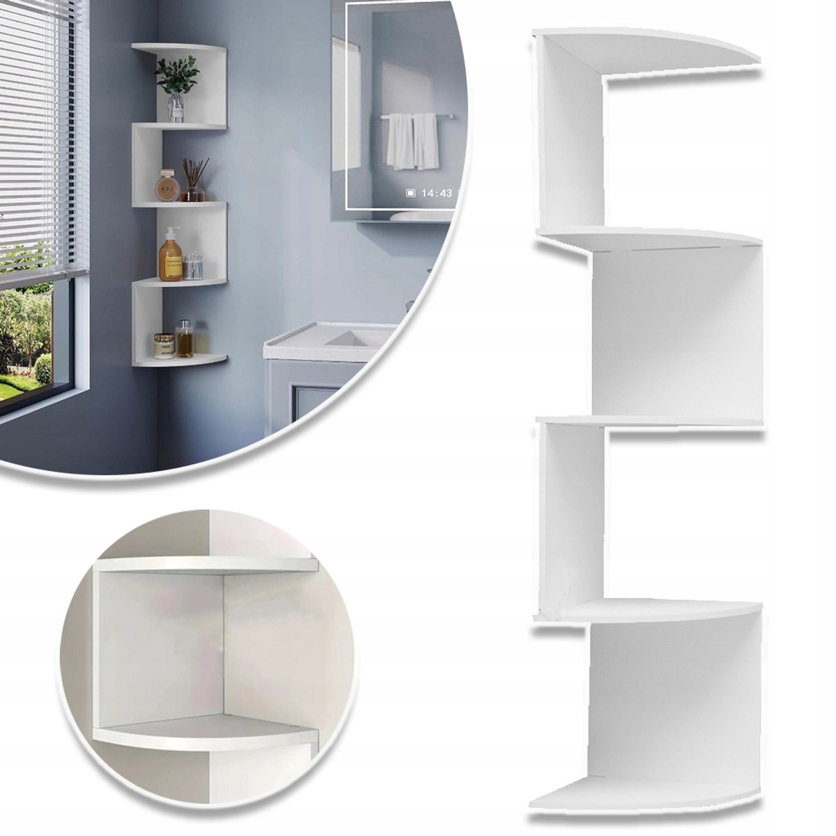 5-Laags Spiraalvormig Wandrek Met Modern Design - Ruimtebesparend Hoekrek PVC Eenvoudig Te Monteren - Ideaal Voor Boeken, Decoratie En Kleine Planten - Wit