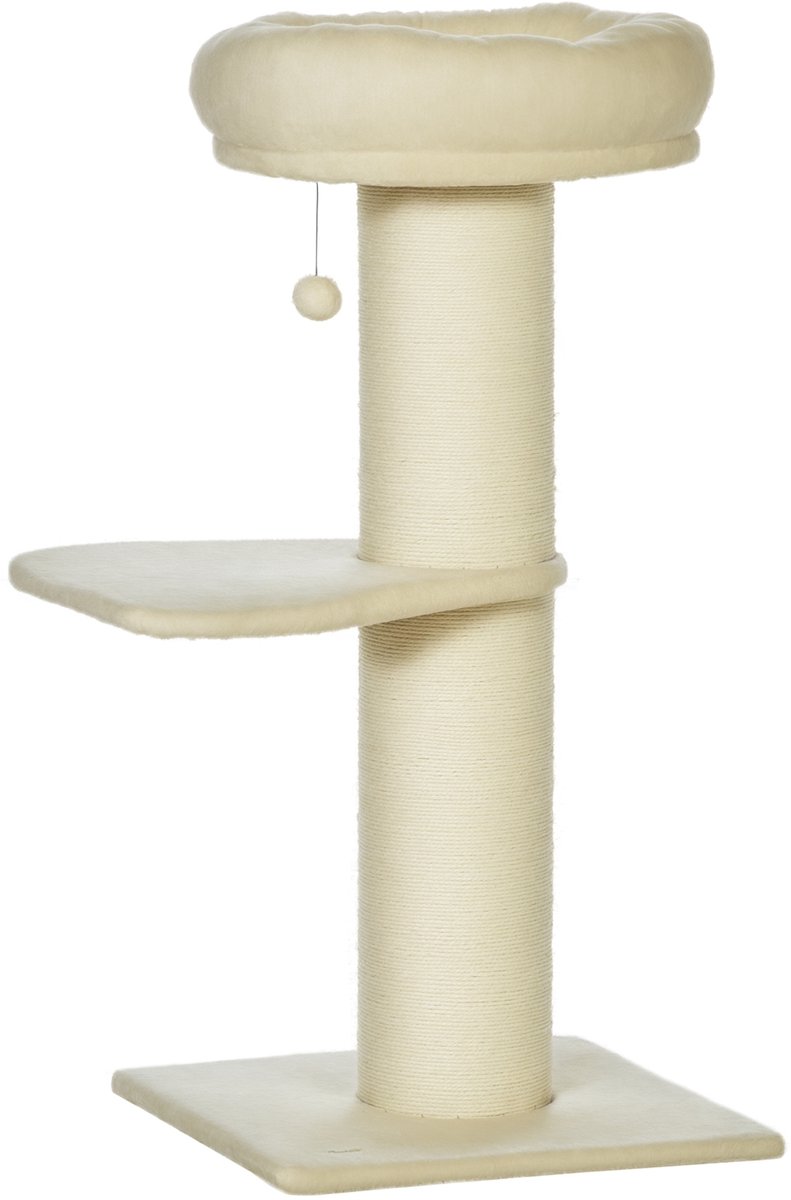 Krabpaal – van natuurlijk jute – 2 platforms – beige kattenmand | Kijkvenster – hangende bal – pluche speeltjes
