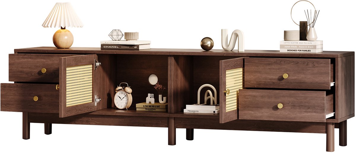 TV Meubel - Met 2 Rotan Deuren En Laden 180 cm Dressoir - Donkerbruin