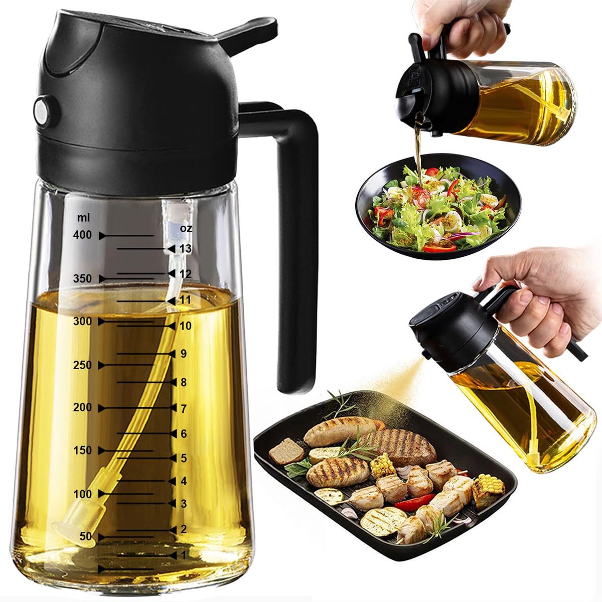 2-in-1 Olie Dispenser & Sprayfles - 470 ml Oliefles voor Olijfolie en Azijn - BPA-vrije Keuken Dispenser met Sprayfunctie - Voor Koken, Barbecue, Salades & Bakken - Zwar