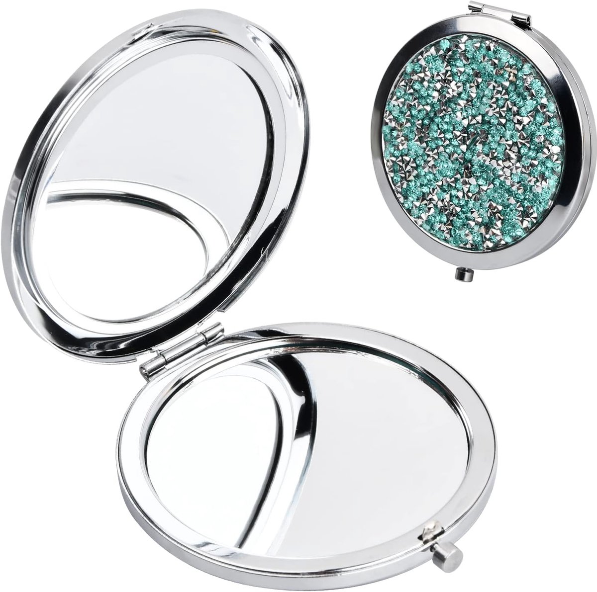 7 cm zakspiegel, draagbare zakspiegel, ronde draagbare handspiegel, mini-make-upspiegel 1X/2X, compacte make-upspiegel, opvouwbaar en dubbelzijdig voor vrouwen en meisjes, groene diamant