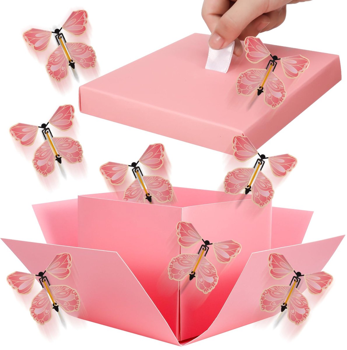 Namajunas - Vliegende vlinder Cadeauverpakking Doosje - Geschenkdoos - Verrassingspakket - Cadeauverpakkingen - Cadeauverpakking - Cadeaudoos - Cadeaudoos met deksel - Cadeau - Met Wenskaarten, Raffia & 8 Vlinders - Roze - Voor Verjaardag, Kerst