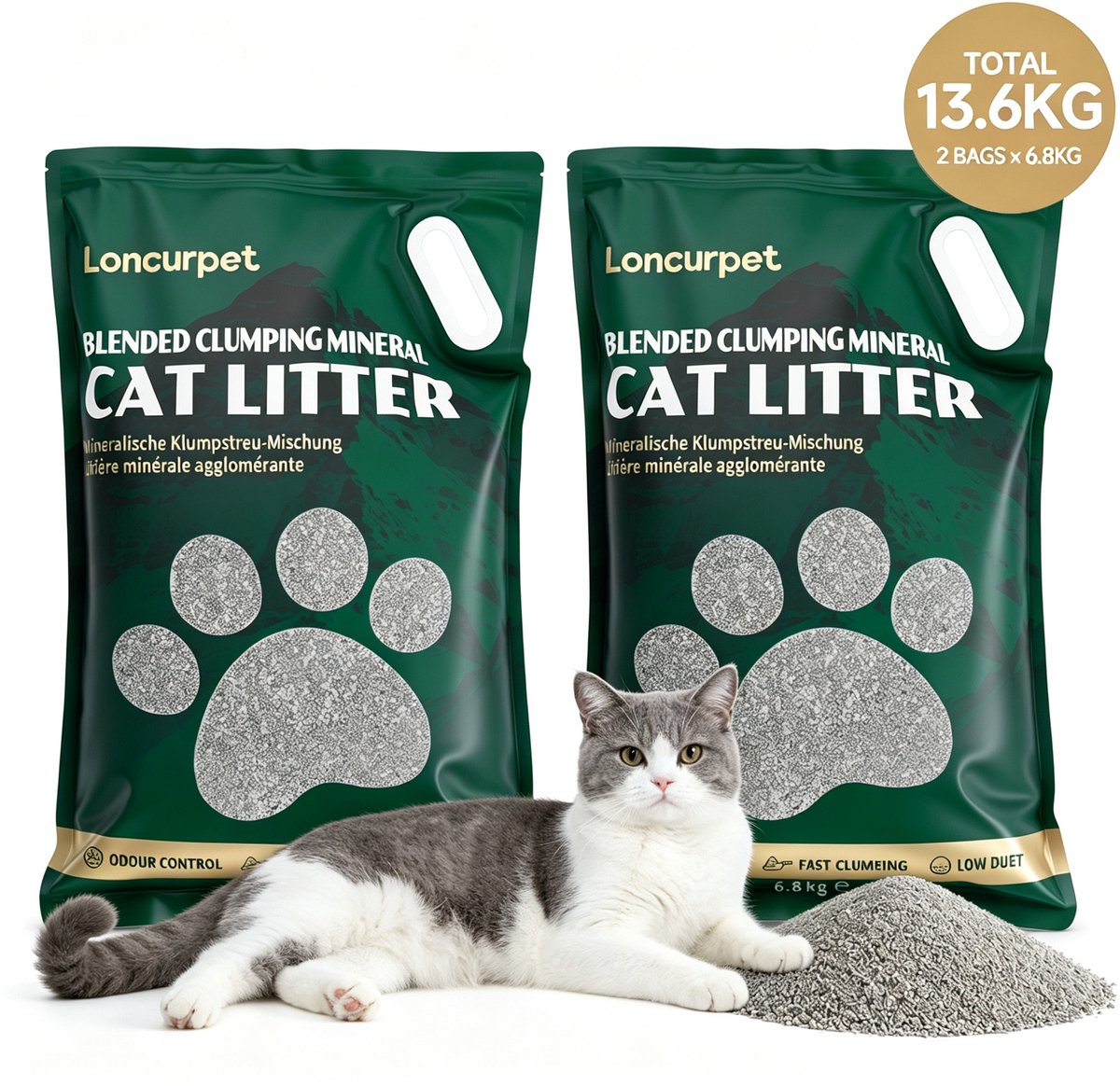Loncurpet - Kattenbakvulling - Kattengrind - 2 x 6,8kg - Natuurlijk Gemengd Ruw Erts - Hoge Vochtabsorptie - Stofvrij - Plakt Niet aan pootjes & bodem