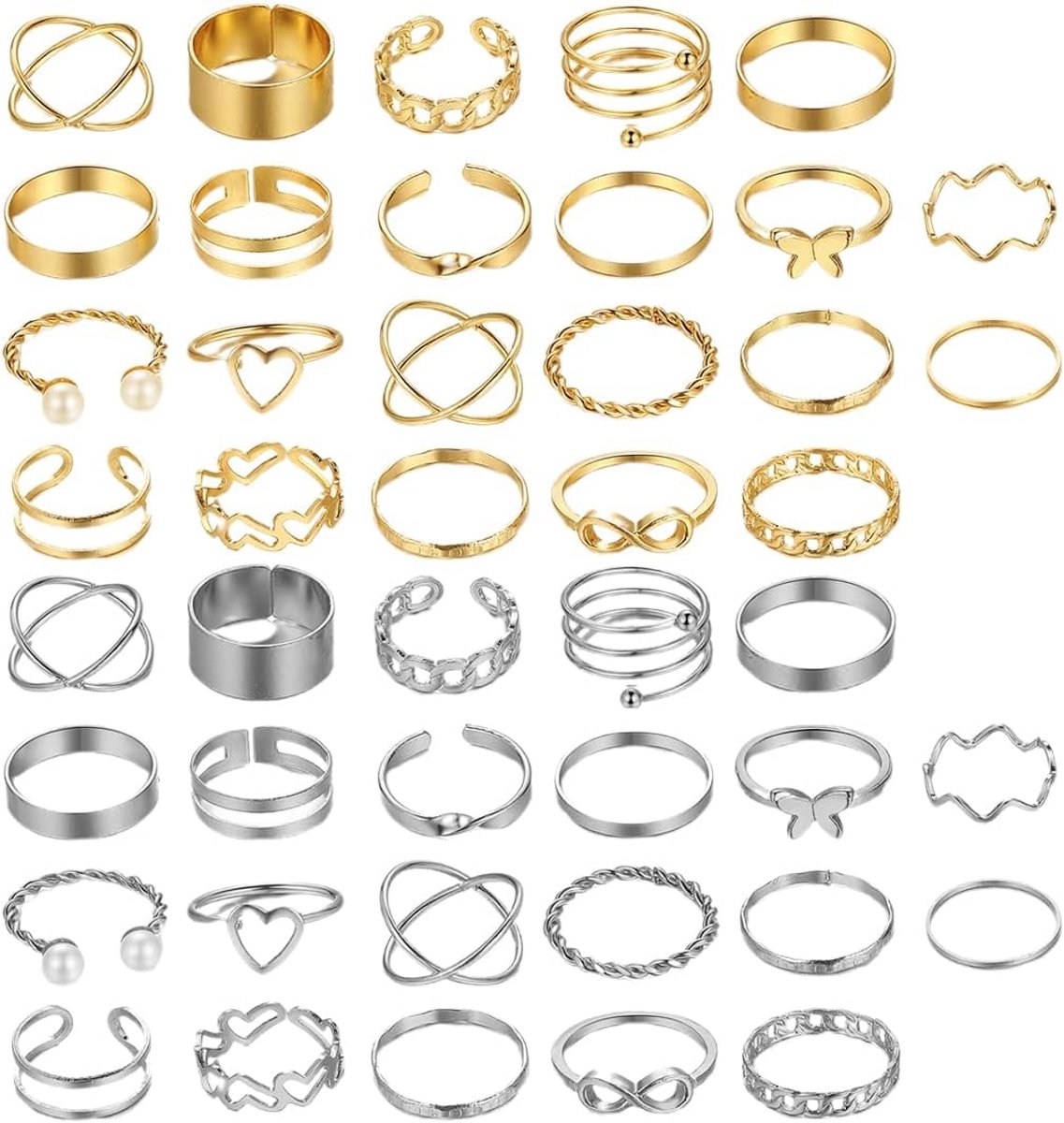 Ringen, ideaal voor verjaardagsfeesten, eindejaarsballen en meer, stapelbare midi-ringenset, goud- en zilver, vintage stapelbare ringen, twee kleuren (elk 22 stuks in goud