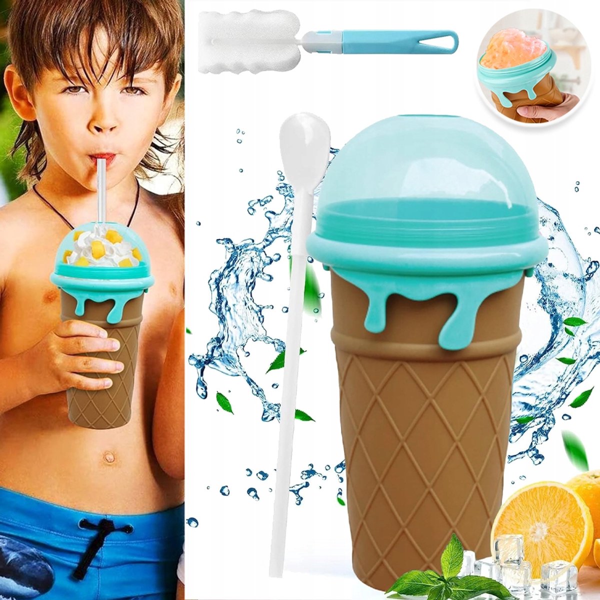 Smoothie Beker Met Rietje En Lepel Gemaakt Van Voedselveilig Siliconen - Zelf Slush Maken Herbruikbaar Draagbaar - Perfecte Lunchbox Voor School En Zomertraktatie - Koffiebruin