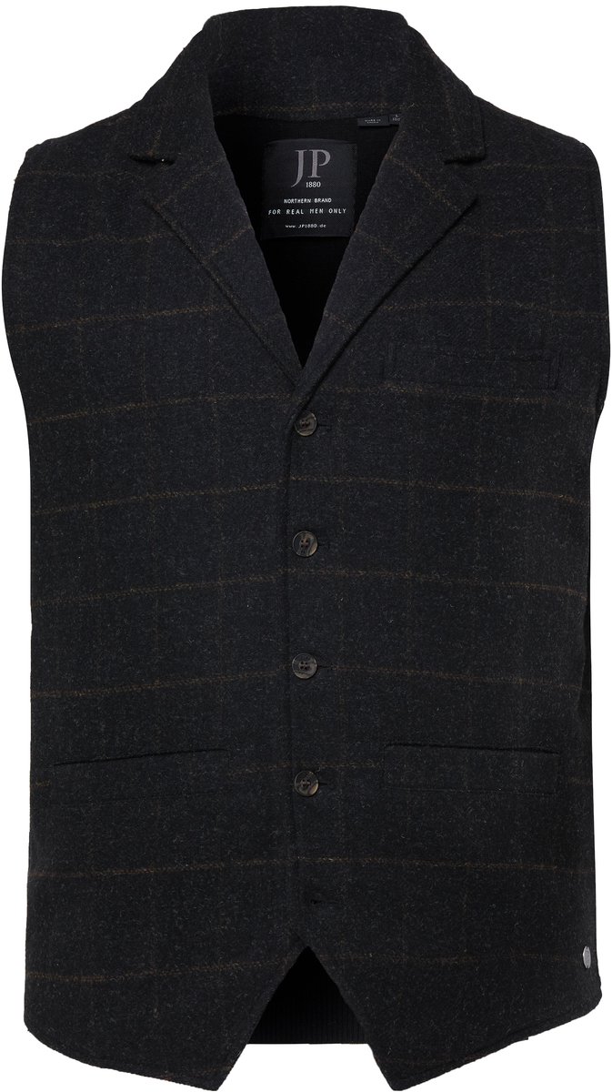 JP 1880 - Heren - Tweed gilet FLEXNAMIC® geruit wolmix revers tot 8XL - Zwart - Maat 3XL