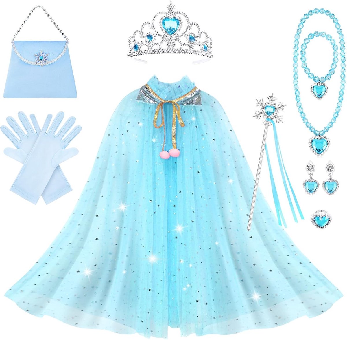 Betoverende Prinsessen Cape Set voor Meisjes met Kroon, Toverstaf, Sieraden en Handschoenen - Perfect voor Halloween en Verkleedfeestjes met Sprankelende Pailletten en Tulle