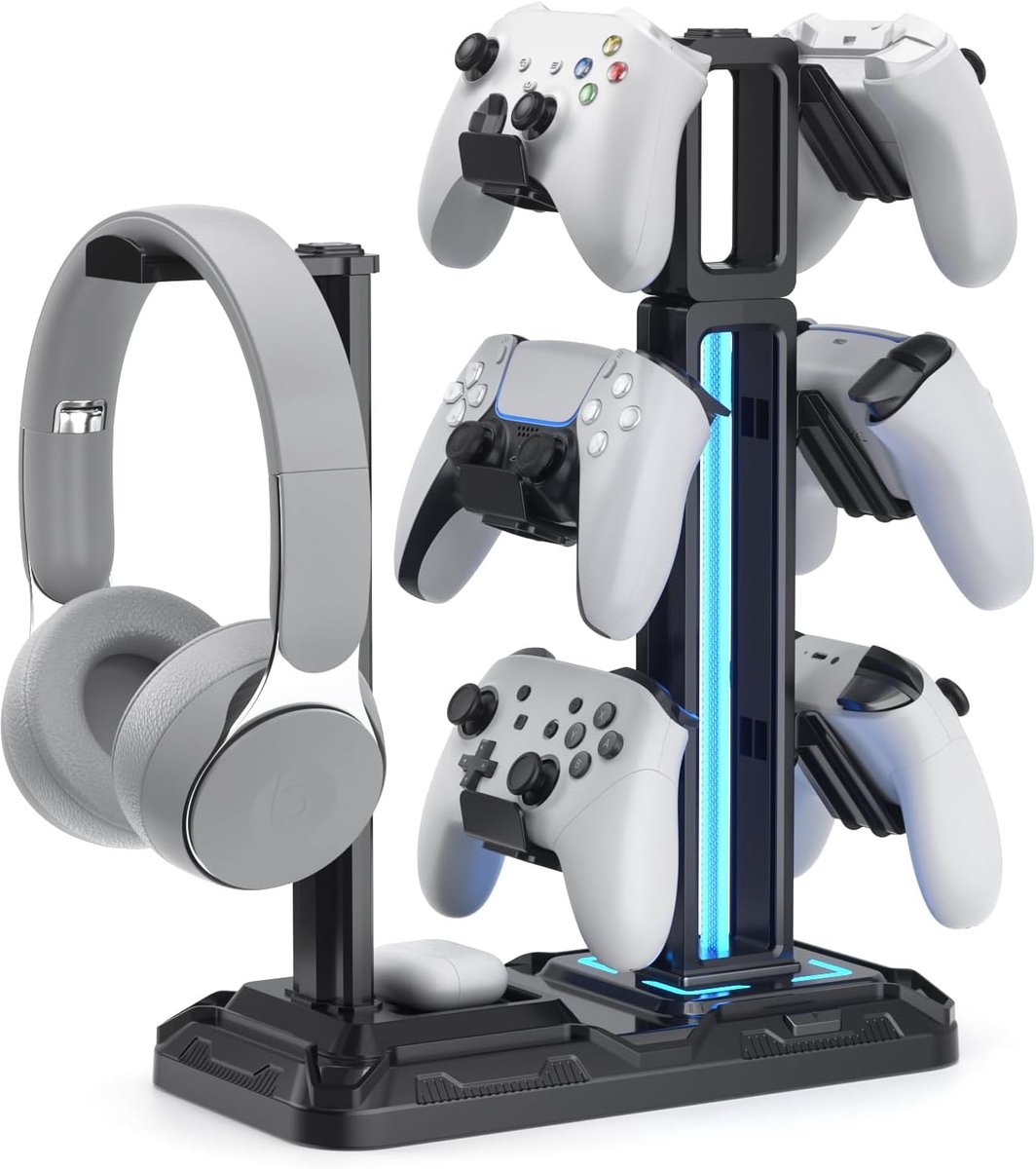 Gaming headset houder met RGB verlichting en controller standaard 360° draaibaar met 6 haken zwart