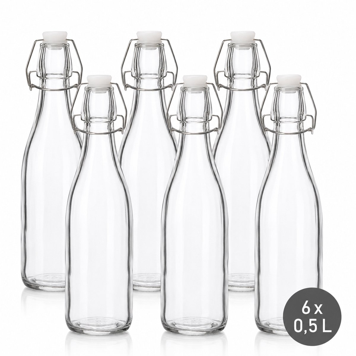 Set van 6 Glazen Beugelflessen 500 ml – Herbruikbare Glazen Flessen met Beugelsluiting – Voor Water, Sap, Limonade, Siroop, Kombucha & Zelfgemaakte Dranken – 6 x 0,5 Liter – Transparant