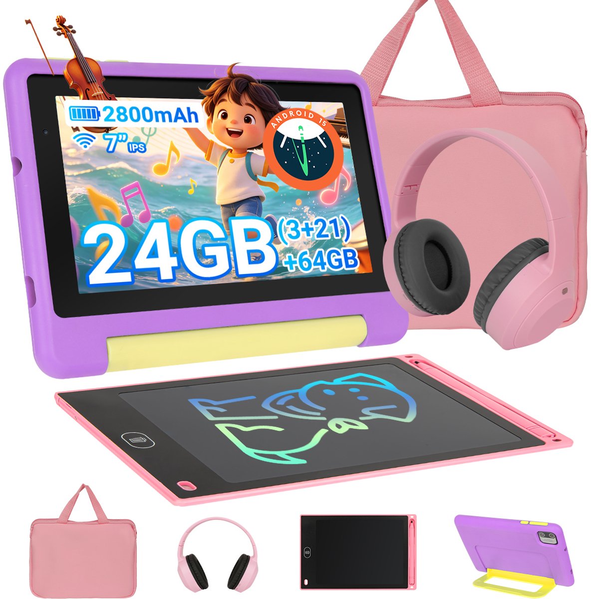 7 Inch Kinder Tablet - Android 15 Kindertablet - 24GB RAM + 64GB ROM - Kidsproof Tablet – Ouder controle – Vanaf 2+ Jaar - Met Beschermhoes, hoofdtelefoon, opbergtas - Paars