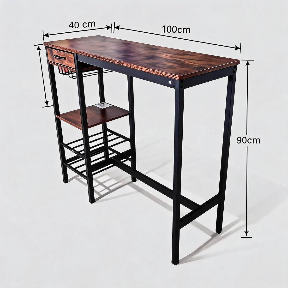 Hoge bartafel 100×40×90 cm, rechthoekig bruin eettafel, metaal‑hout, stoffen lade, houder voor wijnflessen & plank voor wijnglazen, voor keuken woonkamer eetkamer — cadeau in Cadeau-ideeën - foto 5