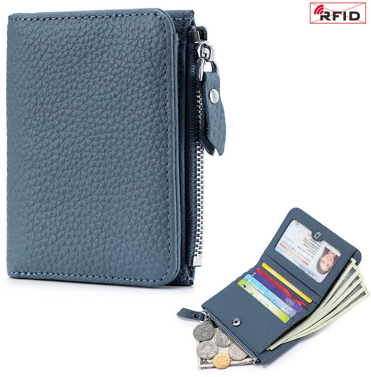Claoner RFID dames portemonnee - Dubbele vouw - Met rits en documentvenster - Lederen - Blauw