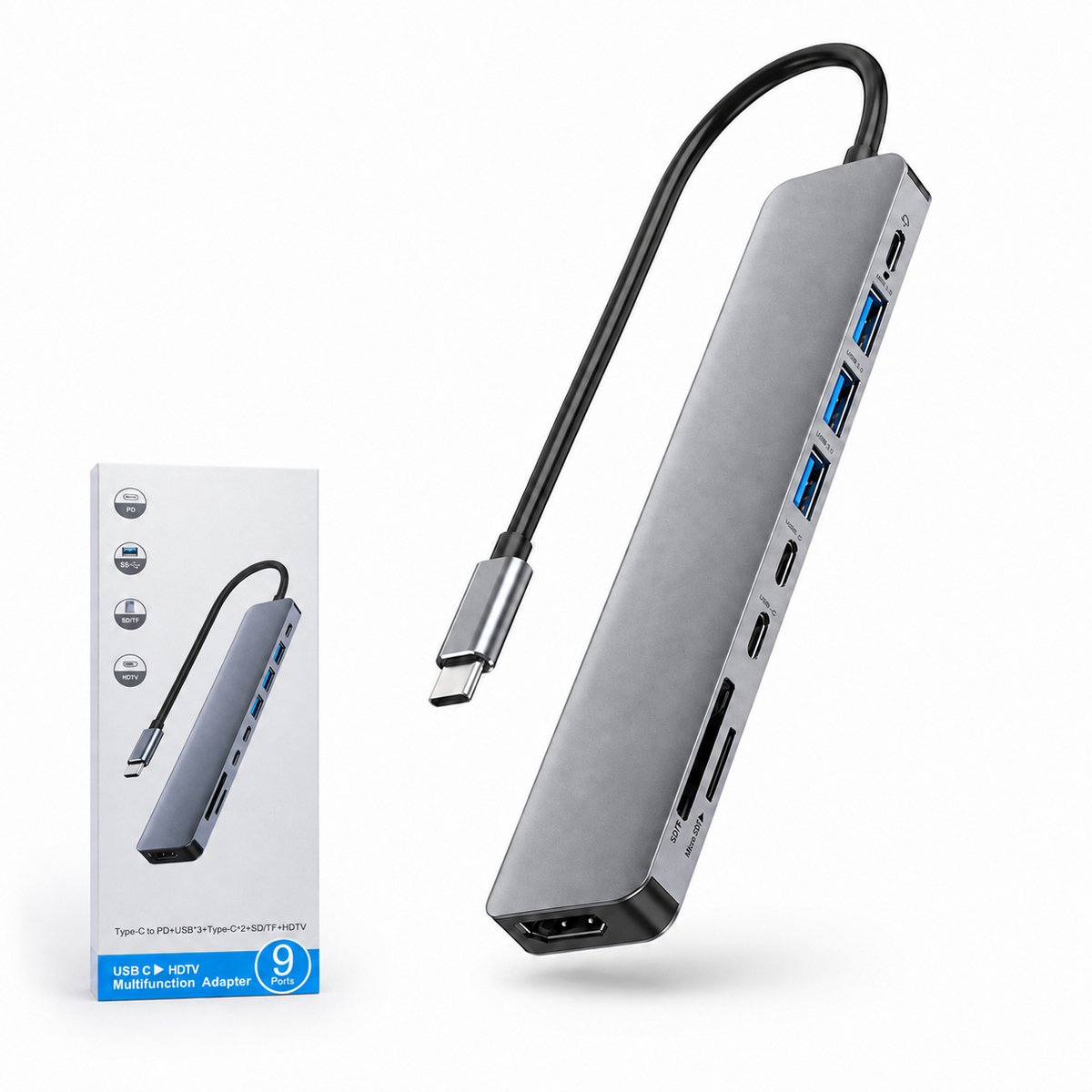 USB C Hub - 1x HDMI 4K - 1x USB-C - 3x USB 2.0 -1x USB 3.0 - 2x Kaartlezer - Inclusief Converter - Geschikt voor Macbook Pro / Air / Windows / Universeel