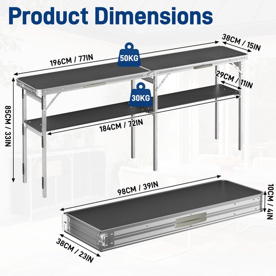 Opvouwbare beursbalie 196 X 38 X 85 cm van aluminium met MDF tafelblad en draagtas - presentatietafel voor beurzen, markten en evenementen — afbeelding 3
