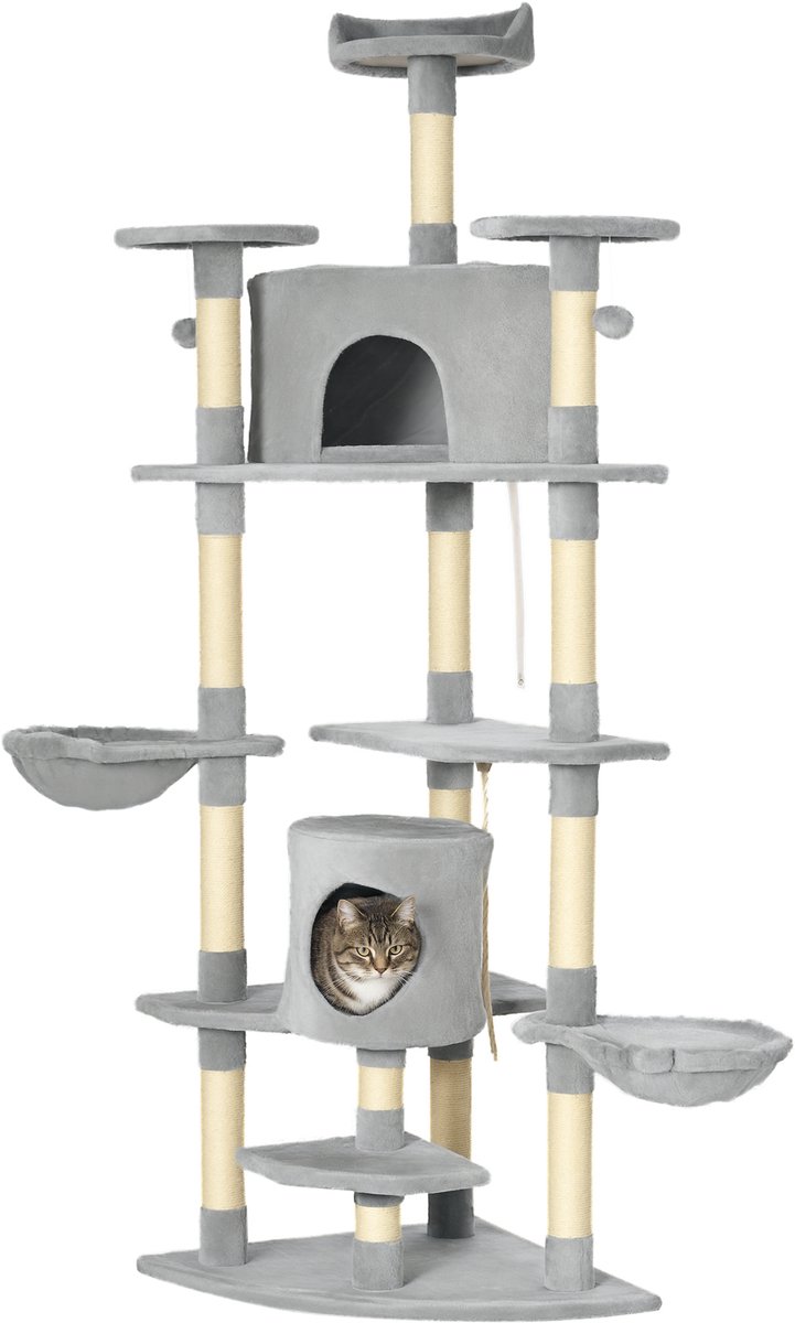 Krabpaal - 200 cm hoog kattenklimrek - voorzien van diverse krabpalen - 6 platforms - 2 holtes - hangmat en een hangend speeltje - grijs
