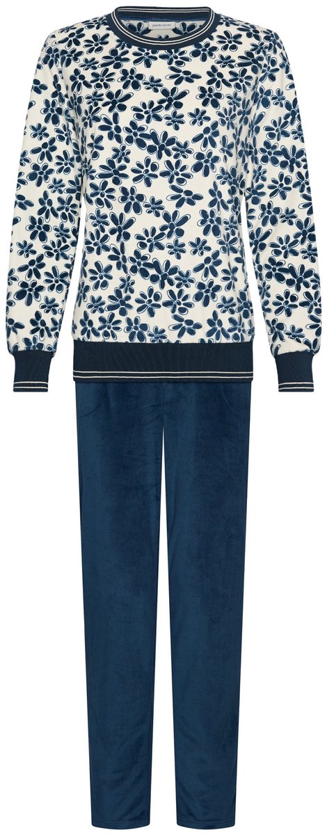 Pastunette - Nordic Bloom - Pyjama - Velours Fleece - Wit/Blauw - Gebloemd - Maat 48