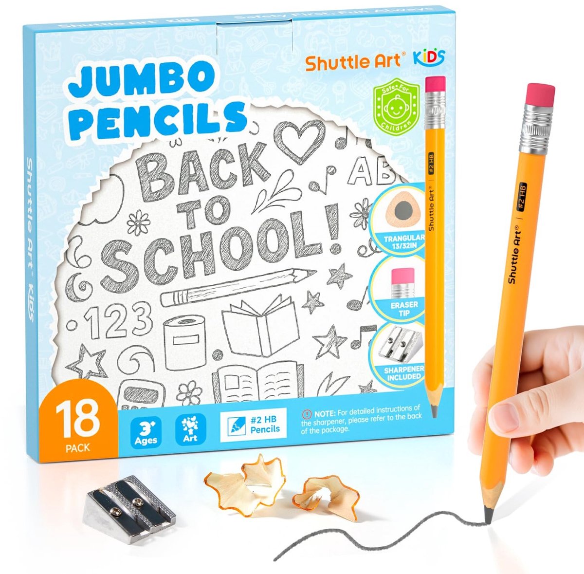 SolidKeus - Jumbo Potloden Set van 18 met Gummen en Puntenslijper