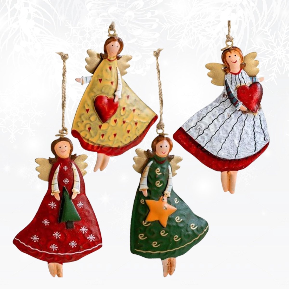 SolidKeus - Set van 4 Metalen Engel Hangers voor Kerstdecoratie