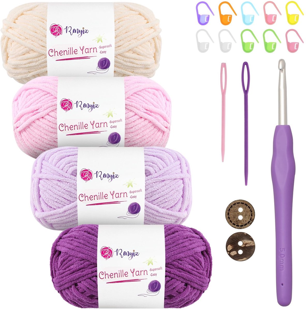 SolidKeus - Chenille Wolset voor Haken, 4 x 50 g, Zacht en Fluffy
