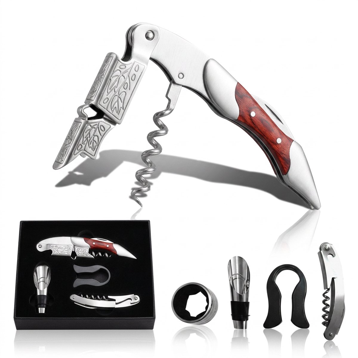 Fokelyi Professionele Kurkentrekker Set - 5-delig RVS-Inclusief 2x Couteau Sommelier-Wijnopener met Foliesnijder en Wijnschenker-Duurzame Flesopener-Ideaal Cadeau voor Thuis en Bar