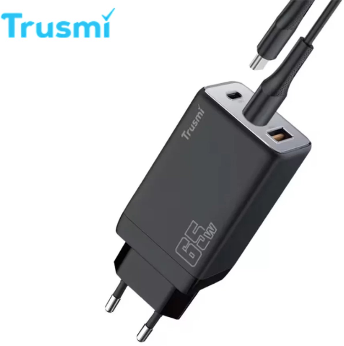 Trusmi | 65W Snellader | USB-C | 65W | USB-C Adapter | Oplader USB C | 2x USB-C en USB-A PD 65W | GaN | Universeel | Telefoons, Laptops, iPads, Tablets | 1 Meter 65W USB-C