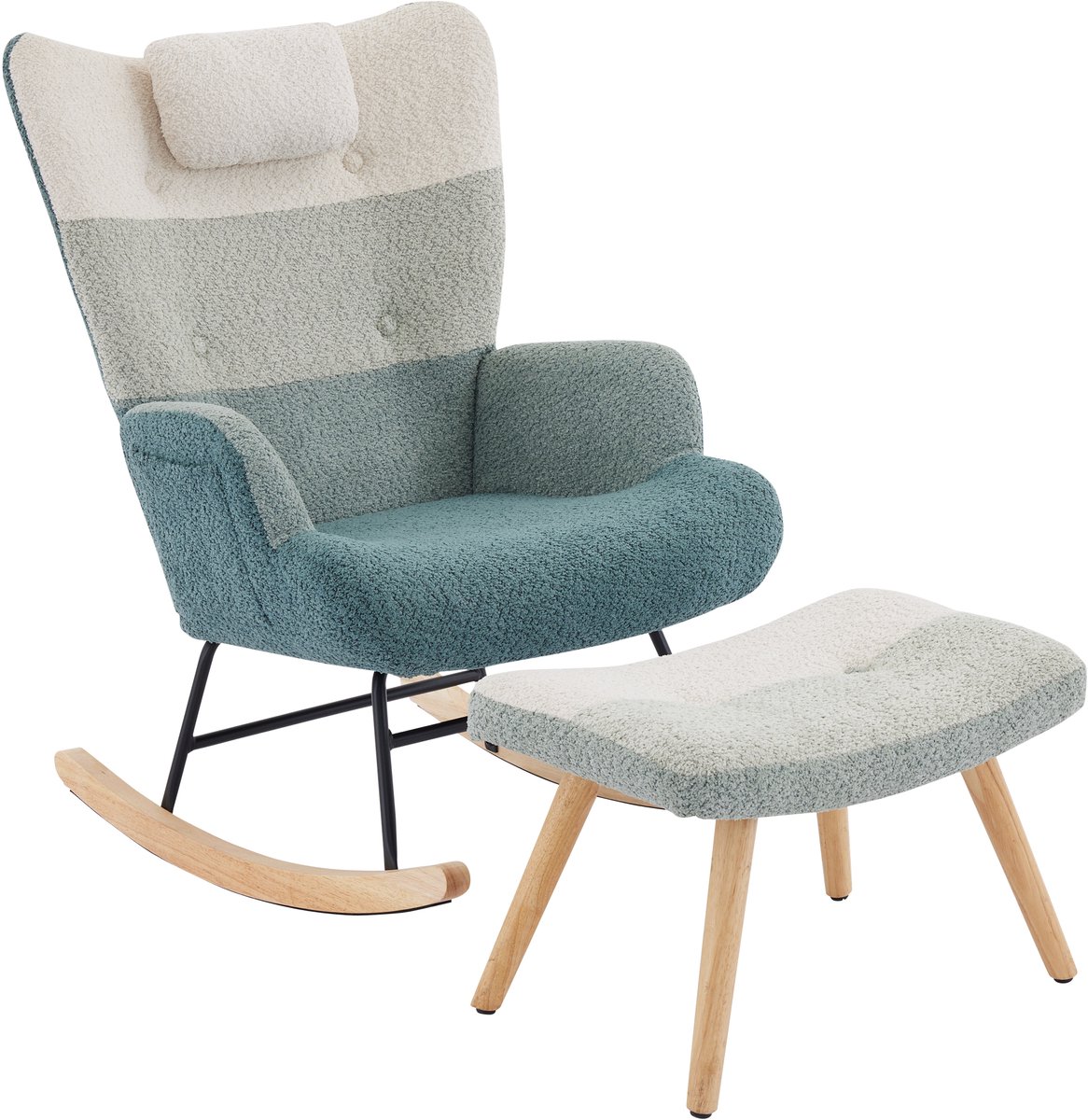 MUVANO Schommelstoel - Bouclé Stoel - Patchwork Stoel - Relaxstoel - Hoge Rugleuning - Ergonomisch - Zijvak - Houten Poten - Woonkamer - 95cm - 2 Stuks - Meerkleurig