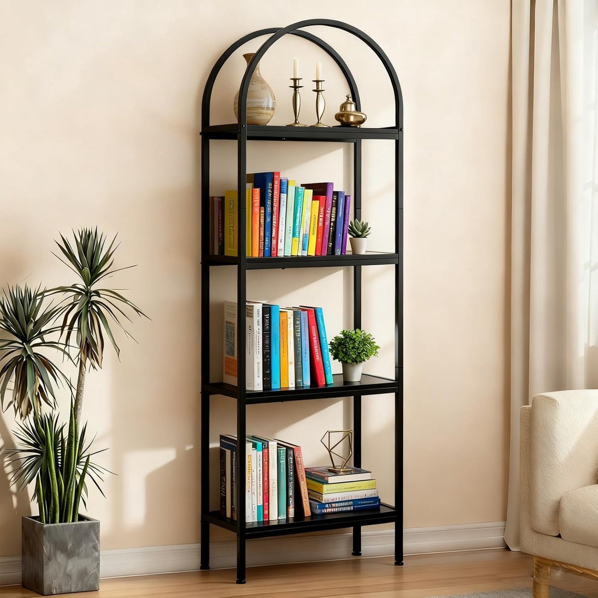 Boekenkast 4 Lagen met Boogvormige Bovenkant - 60x30x183cm - Smal Hoog - Displaykast Vrijstaand - Boekenplank - Metalen Frame - Voor Woonkamer Slaapkamer Kantoor - Zwart