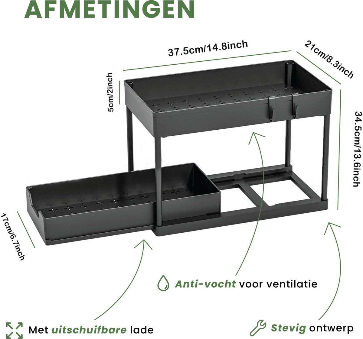 Caryota Keukenkast Organizer - Uitschuifbare Lade voor Gootsteenkast of Badkamer - Dubbellaags - Uitrekbaar - 39,7 x 22 x 35 cm - Kunststof - Zwart — cadeau in Cadeau-ideeën - foto 6