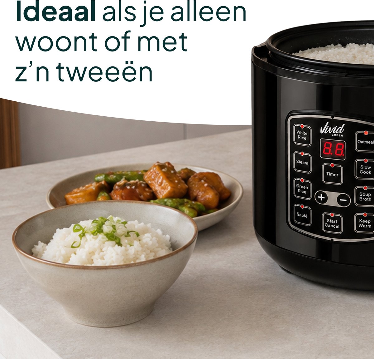 Rijstkoker met Stomer - 1.5L - Slowcooker met Timer - 8 Porties - Multicooker - Rice Cooker - Zwart - Vivid Green – foto 3