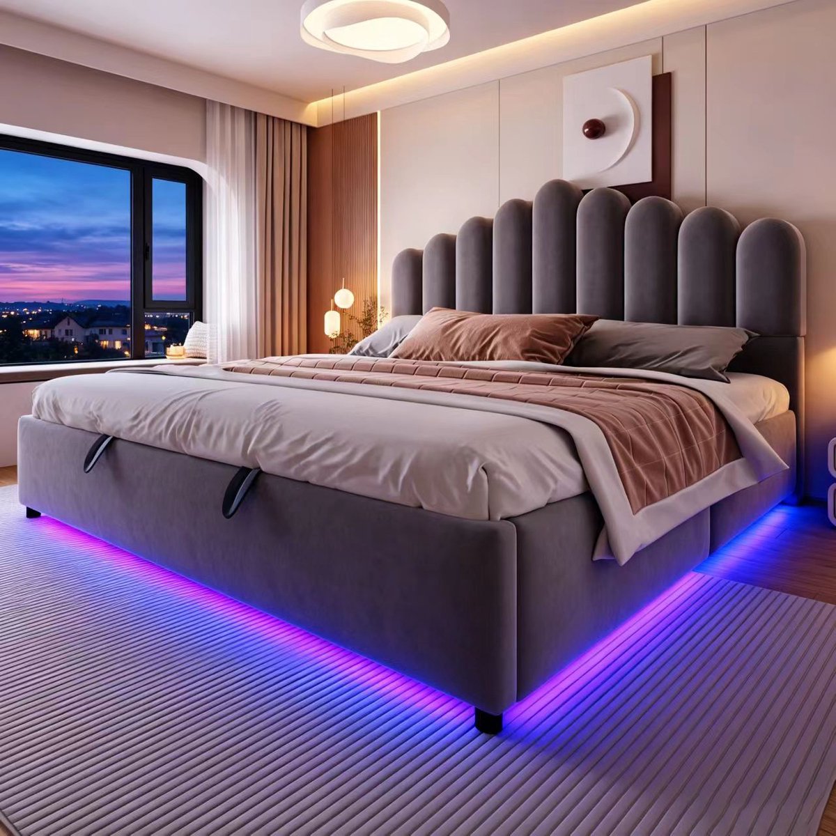 VVBV Tweepersoonsbed 180x200 cm - Hydraulische Opbergruimte, LED-Verlichting, Gestoffeerd Hoofdbord, Met Lattenbodem - Grijs