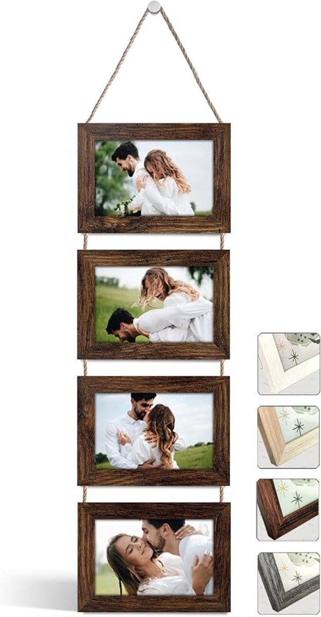 Meervoudige Fotolijst 10x15 cm voor 4 Foto's - Wanddecoratie met HD Glas, Oud Hout