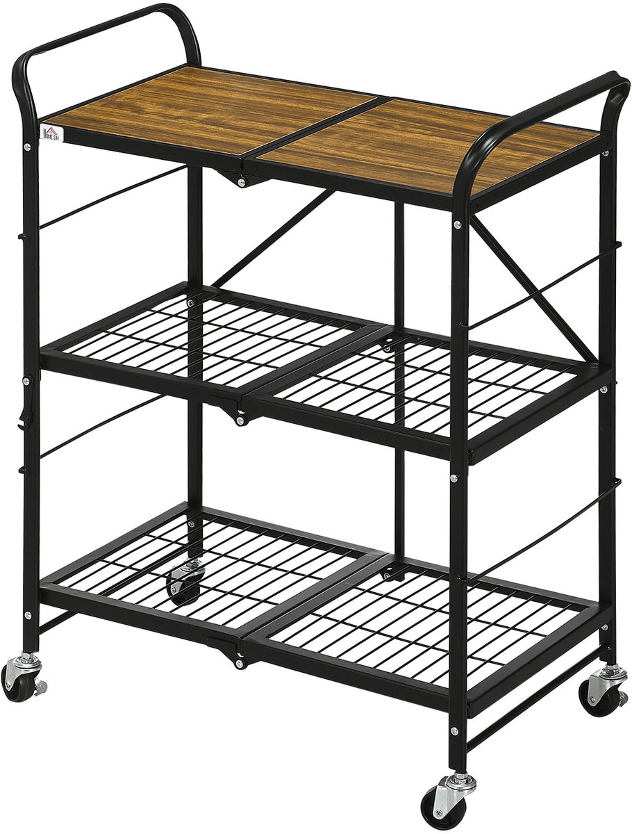 Opvouwbare Keukenwagen met 3 Niveaus en Wielen - Multifunctionele Trolley voor Eetkamer en Woonkamer