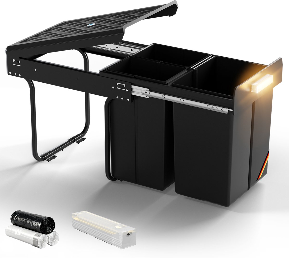 Soontrans - Inbouw Prullenbak Uittrekbaar - Metalen Frame - Afvalemmer voor Keukenkast - Soft-Close Glijsysteem - Afvalscheidingssysteem - Afvalbak 20L+20L - 2 Vakken - Zwart