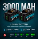 Twee zwarte MAKR 18V 3000mAh Li-ion accu's met blauwe accenten.