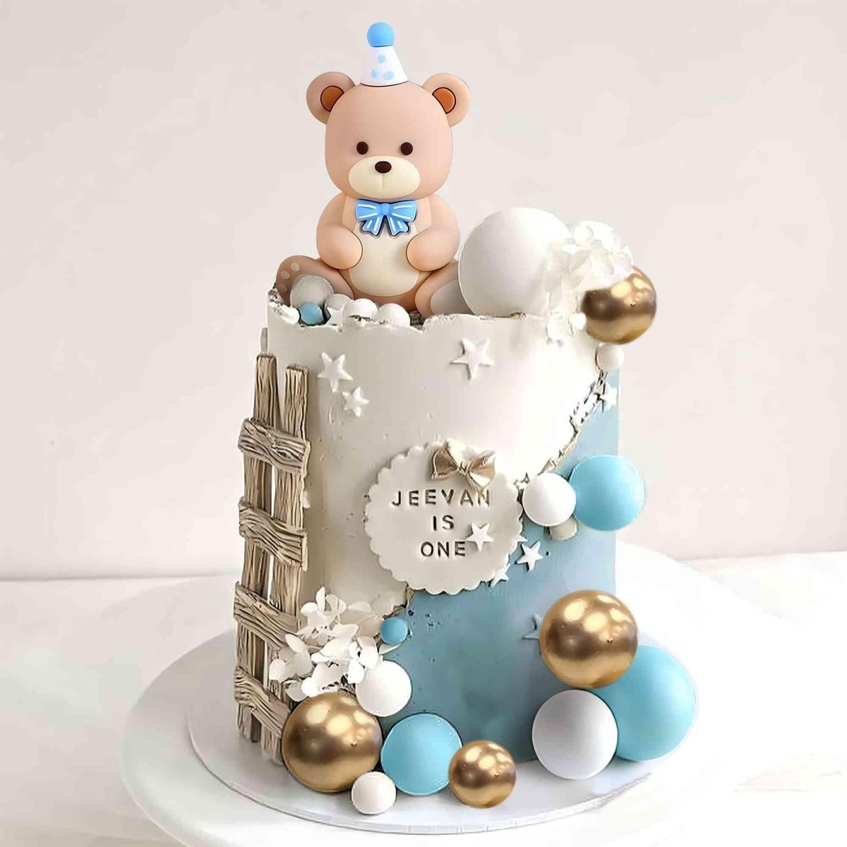 SolidKeus - Blauwe Beer Taartdecoratie met Gouden Ballen