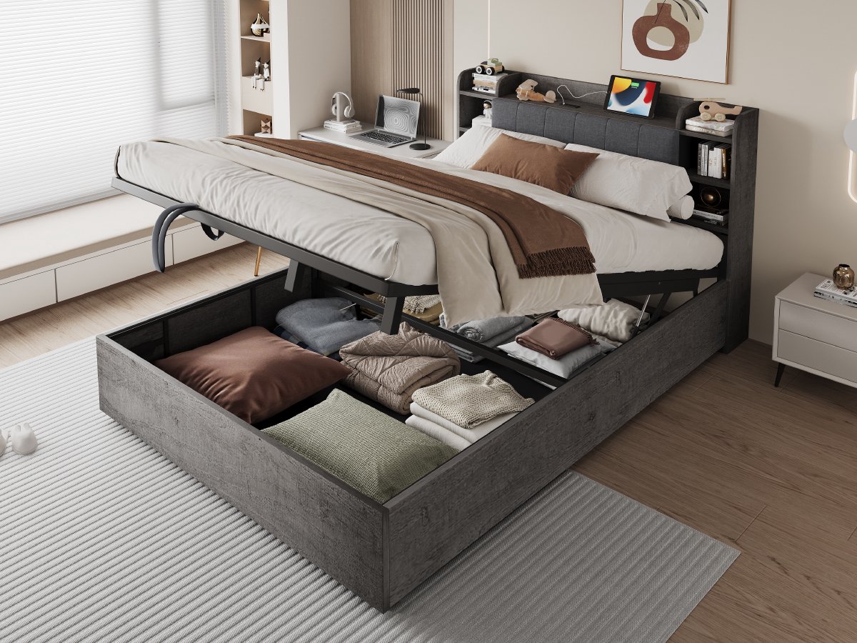 VVBV Tweepersoonsbed 180x200 cm - Hydraulische Opbergruimte, USB-Aansluiting, Stopcontact, Gestoffeerd Hoofdbord - Grijs, MDF