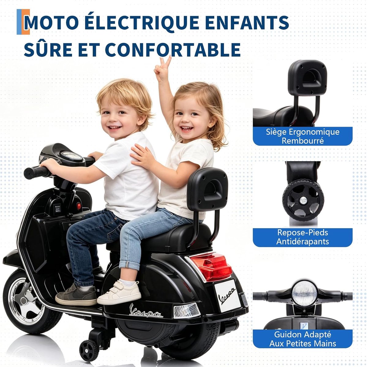 Elektrische Scooter voor Kinderen - Retro Kindermotor met Licht, Muziek en Claxon, 6V - Zwart – foto 4