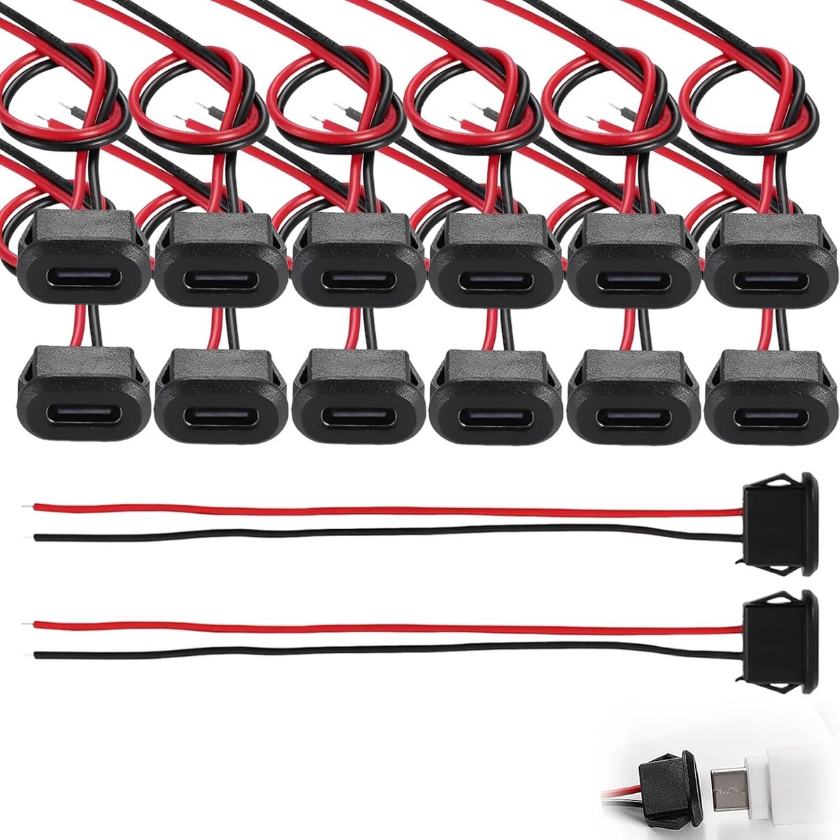 12 stuks Type C-aansluiting, 2-polig, 3 A, USB-C-aansluiting met klikgroefgesp, verlengkabel, Type C naar 2P, waterdichte terminal-draad, plat zwart, 2-polige blanke draad