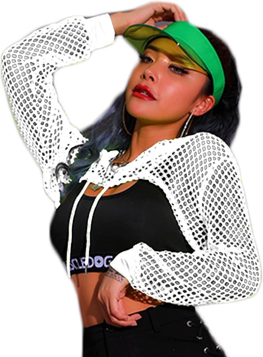 Sweatshirt voor dames, kort, met lange mouwen, van netstof, met capuchon