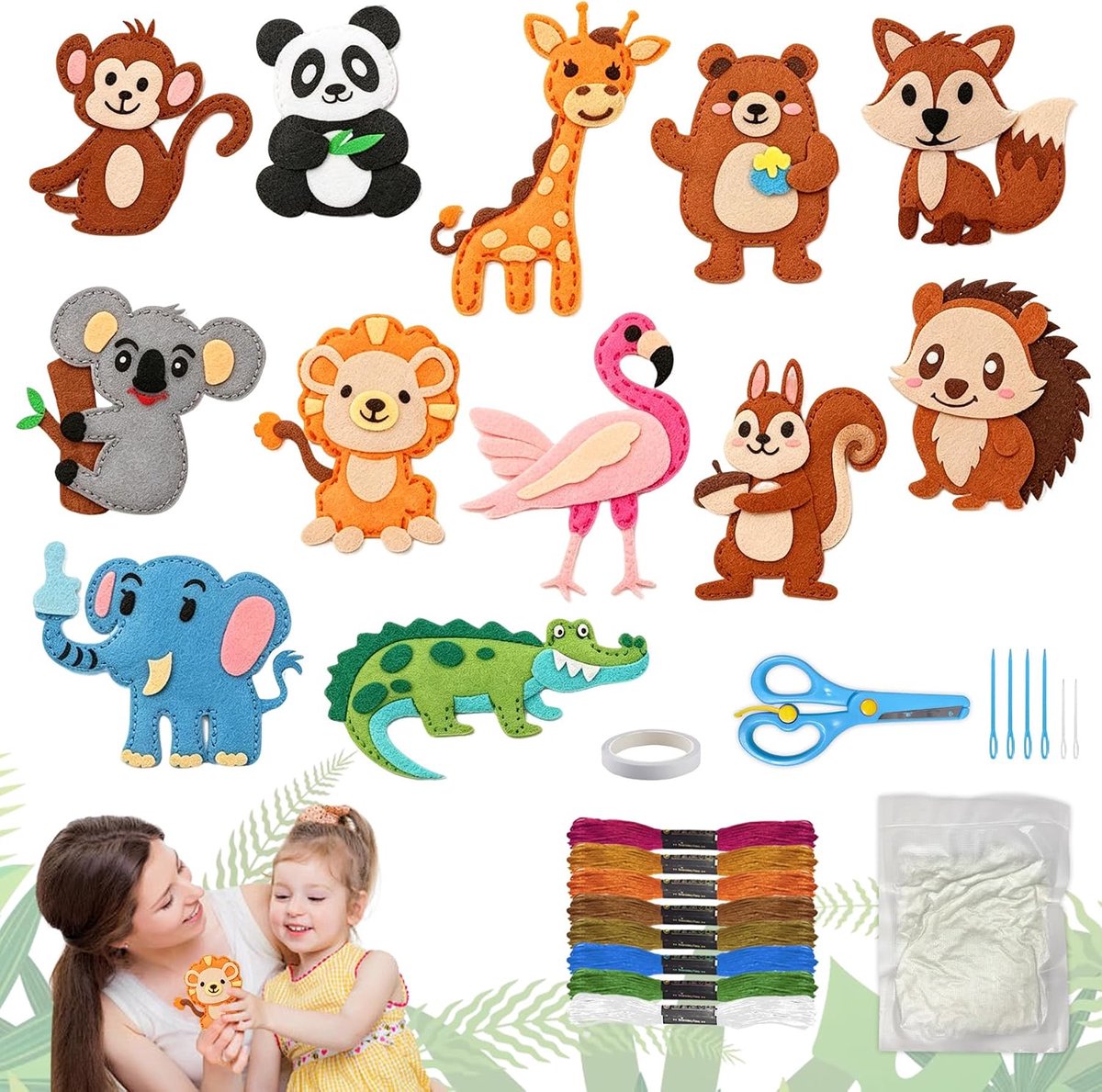 Naaiset van vilt, 12-delig voor kinderen, vilten dieren, naaiset voor kinderen, knutselset vanaf 6 jaar, voor beginners