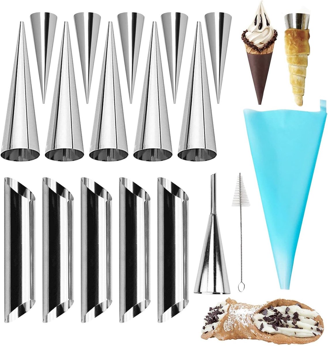 Hoorn voor gebak, roestvrij staal, set met 18 vormen voor cornets, brood, croissant, met 1 reinigingsborstel, cannoli-vorm voor croissants, spuitmonden, bakken, cake, broodbakvorm