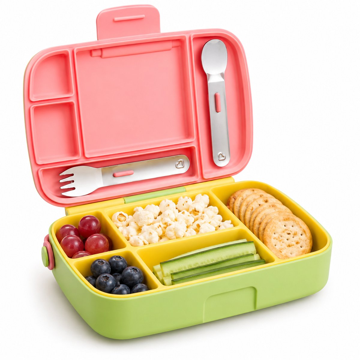 Bento Kinderlunchbox-5 Vakken Broodtrommel met Bestek-BPA-Vrij Uitritsbaar Handvat-23x20x7 cm Snackbox voor School en Kinderopvang-Geel en Roze