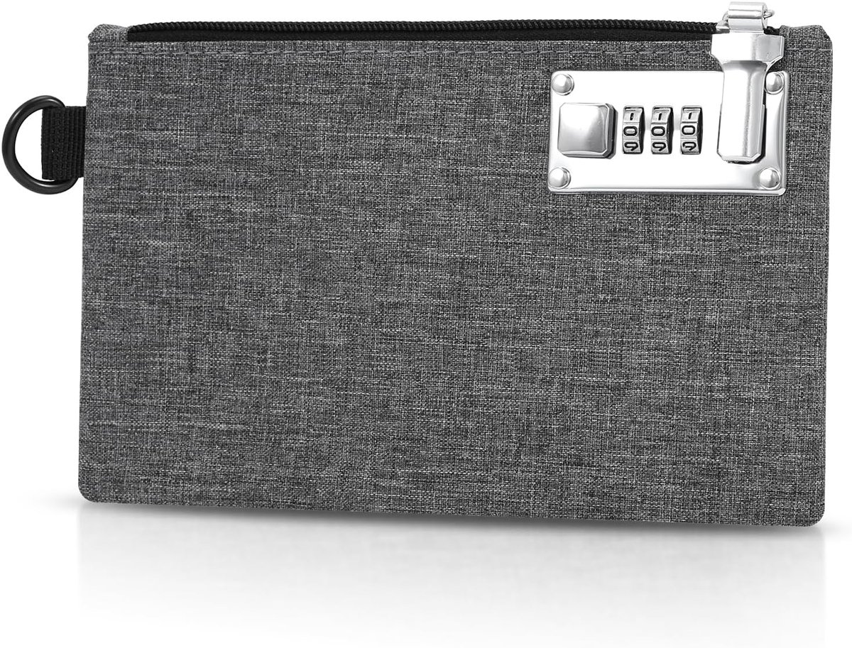 Portemonnee met slot, waterdichte banktas met ritssluiting, 21 x 13,5 x 2 cm, afsluitbare portemonnee, opbergtas - grijs
