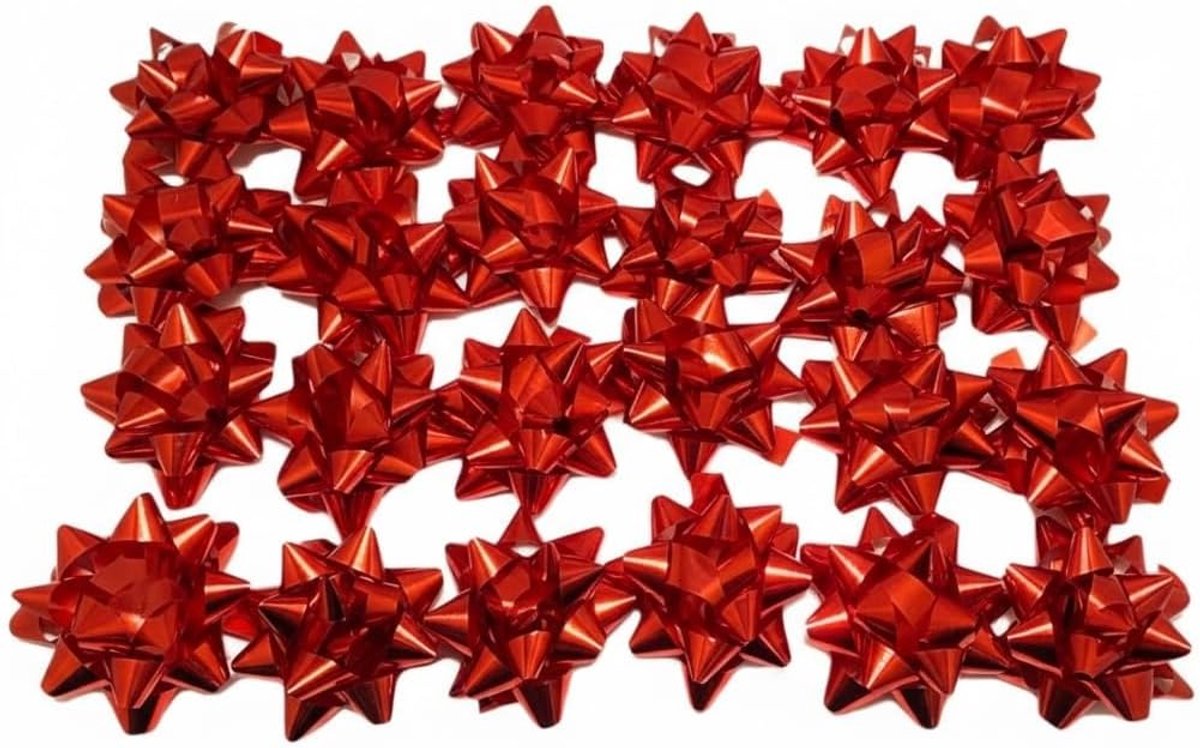 Strikken, kleur rood, metallic voor kerstcadeaus, strikken voor pakketten, zelfklevend, decoratieve sterren voor Kerstmis en verjaardagen, diameter 8 cm met sticker 3,5 cm