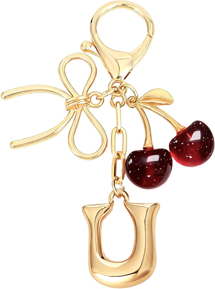 Initial Een Sleutelhanger met Boog & Kersen - Gouden Letter Bag Charms voor Vrouwen, Leuke Portemonnee Handtas Accessoires