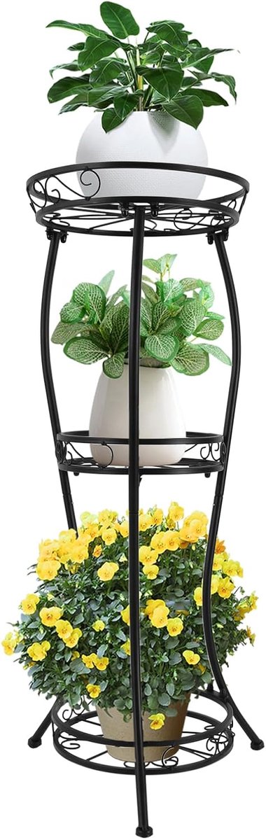 Metaal, plantenstandaard, plantenrek, bloemenrek, 3-traps bloempotstandaard, plantenstandaard voor tuin, balkon, woonkamer, zwart (30 x 30 x 84 cm)